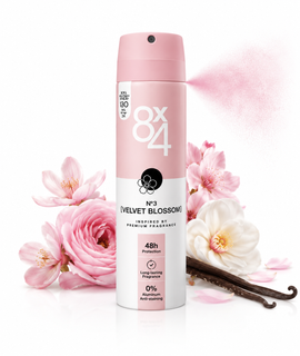 اسپری دئودورانت زنانه ۸×۴ مدل VELVET BLOSSOM حجم ۱۵۰ میل اصل